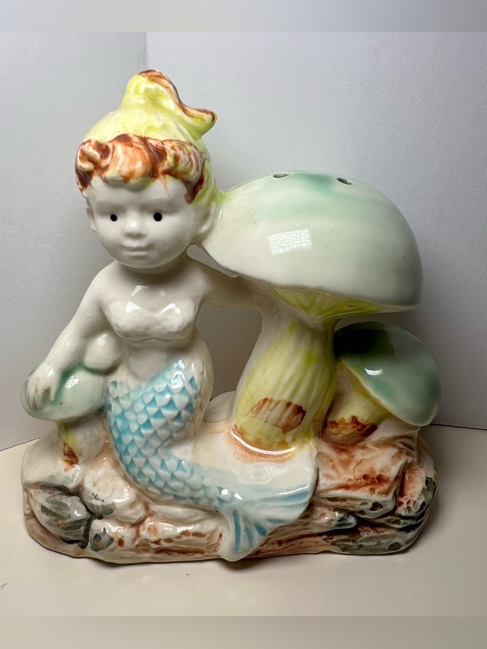 Vintage Mermaid & Green Mushrooms Ceramic Bubbler Aquarium Fish Tank Decor Japan